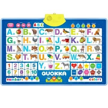 Interactive ABC Learning Poster by QUOKKA featuring colorful illustrations for each letter A–Z, numbers 1–10, and basic shapes and colors. Includes images like apple, zebra, tiger, and van, with a yellow speaker panel at the top for sound-based learning activities. Designed for toddlers and preschoolers to support early literacy, counting, and vocabulary development.