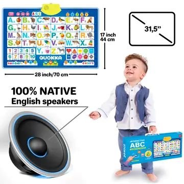 Visual of the Interactive ABC Learning Poster by QUOKKA with dimensions 28 x 17 inches. Includes a speaker icon highlighting 100% native English audio and a young child holding the poster box for scale. Ideal for toddlers and preschoolers learning letters, numbers, shapes, and colors through interactive sound features.