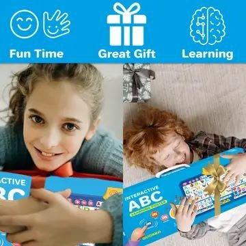 Happy children holding and unboxing the Interactive ABC Learning Poster by QUOKKA. Top banner features icons with the phrases “Fun Time,” “Great Gift,” and “Learning,” emphasizing the toy’s educational and gift-friendly appeal for toddlers and preschoolers.
