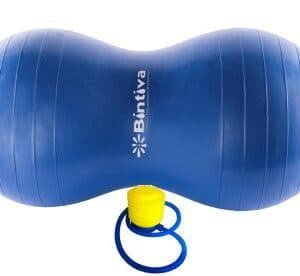 Bintiva Peanut Ball in large 50x100 cm size, shown in blue with a yellow foot pump included. Features a saddle-shaped design ideal for sensory integration, balance training, and core strengthening for children. Made from durable, child-safe material.
