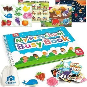 Magnetic preschool busy book with colorful matching pieces, flashcards, and interactive activity pages for early learning and autism-friendly education for kids ages 3 and up.
