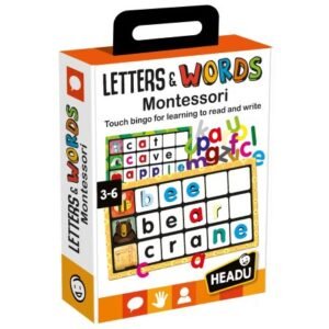Colorful packaging of the “Letters & Words Montessori” bingo game by Headu, featuring images of letter tiles, word-building boards, and illustrations of animals and objects. The box shows the age range 3–6 and emphasizes tactile learning for reading and writing.