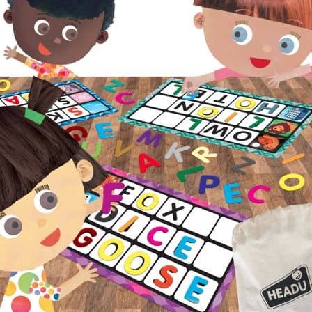 Illustrated children playing with the Letters & Words Montessori bingo game, placing colorful plastic letters onto vibrant word boards featuring animals and objects. Scattered alphabet pieces and a Headu storage bag are also visible on the wooden table.