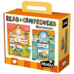 Front packaging of the Read & Comprehend Montessori toy by Headu for ages 3–6. Features colorful illustrations, sample sentence tiles like “THE DOG RUN IN THE GARDEN” and “THE CAT SLEEP,” and a built-in handle. Designed to build reading and comprehension skills through interactive play.