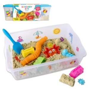 Beach-themed sensory bin with kinetic sand, seashells, molds, a shovel, and calming tools for autistic children ages 3 and up.