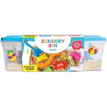 Beach-themed sensory bin in clear storage container with kinetic sand, toys, and ocean decorations for sensory play and autism support, ages 3 and up.