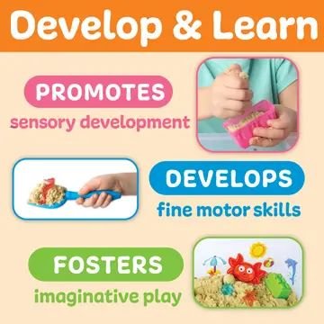 Infographic showing sensory bin benefits: promotes sensory development, develops fine motor skills, and fosters imaginative play for children.