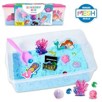 Mermaid-themed sensory bin with wiggly foam, mermaid figurines, treasure chest, shovel, shells, octopus toy, and coral for autism and sensory play for kids ages 3 and up.