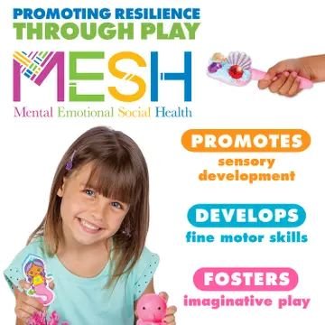 Child holding mermaid sensory bin toys next to MESH learning infographic promoting sensory development, fine motor skills, and imaginative play for emotional and social growth.