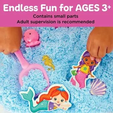 Child’s hands playing with mermaid sensory bin filled with blue wiggly foam, foam mermaids, shovel, shell, octopus, and seahorse; designed for ages 3 and up.