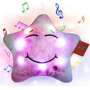 Pink plush sensory star toy with a smiling face, lit up by multicolored LED lights. Surrounded by colorful music notes, indicating that it plays soothing music. The toy includes a Love Hugs brand tag and is designed for calming sensory play.