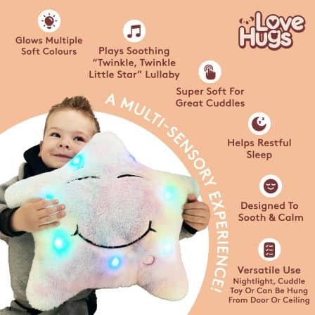 Young child hugging a large, glowing plush star with a smiling face. The star lights up with multiple soft colors and is surrounded by icons highlighting its features: plays 'Twinkle, Twinkle Little Star' lullaby, super soft texture, helps with restful sleep, and offers versatile use as a nightlight or cuddle toy. Love Hugs branding is visible in the top right corner