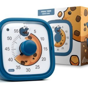 Blue visual timer featuring a cartoon cookie and cookie monster design. The timer is set to around 35 minutes, with the cookie being visually “eaten” as time counts down. A matching themed box in the background shows the cookie monster munching on a large cookie, with playful and colorful artwork.