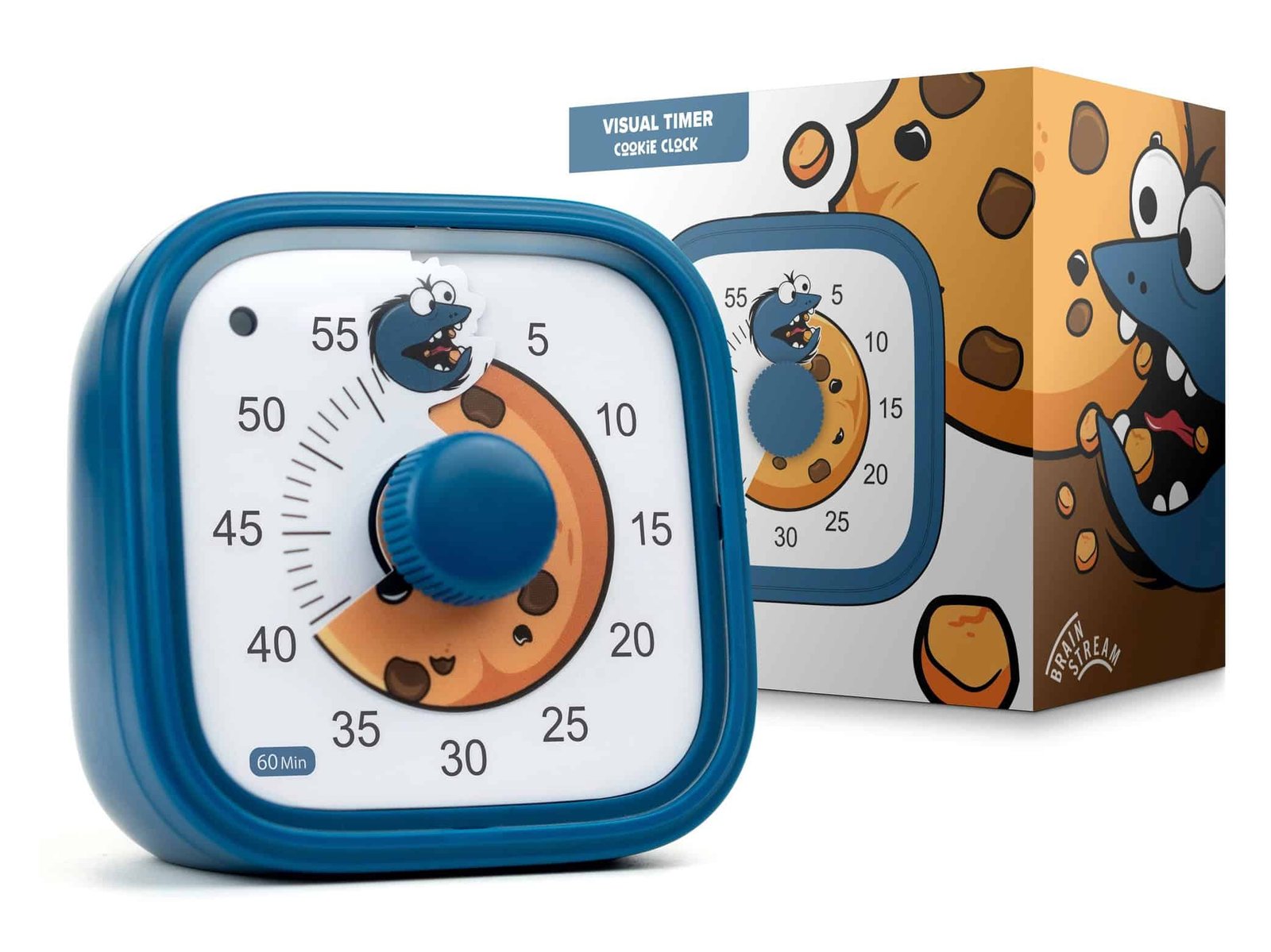 Blue visual timer featuring a cartoon cookie and cookie monster design. The timer is set to around 35 minutes, with the cookie being visually “eaten” as time counts down. A matching themed box in the background shows the cookie monster munching on a large cookie, with playful and colorful artwork.