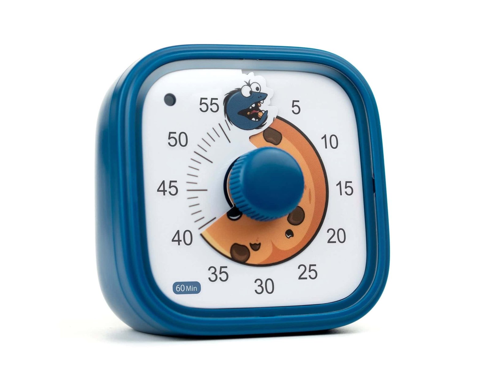 Close-up of a blue visual timer set to 35 minutes, featuring a cartoon cookie disk being “eaten” by a blue cookie monster character at the top. The timer face displays black numbers from 0 to 60 and a bright blue central dial.