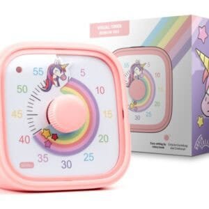 Pink visual timer featuring a cheerful unicorn and rainbow design. The timer face displays colorful rainbow arcs with numbers from 0 to 60, and a pink center dial. The rainbow gradually disappears as time counts down. The product box in the background showcases matching unicorn and rainbow artwork with stars and pastel colors.