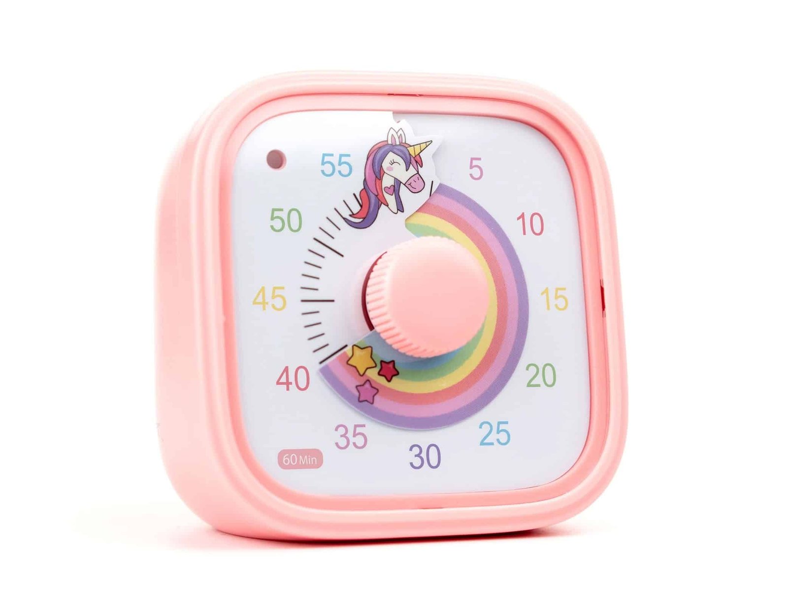 Close-up of a pink visual timer set to 35 minutes, featuring a unicorn at the top and a colorful rainbow disk that fades as time passes. The timer has a soft pink dial and numbers in rainbow colors ranging from 0 to 60, with playful stars near the bottom.