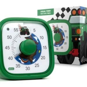 Green square-shaped visual timer with a monster truck design and a colorful mud trail countdown disk. The dial is set around 35 minutes, and the timer features large black numbers around the edge. The background of the timer includes flames, a shark, and racing elements. A matching themed box with a green monster truck illustration is displayed in the background.
